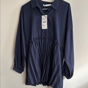 ZARA Navy Pleated Women's Top